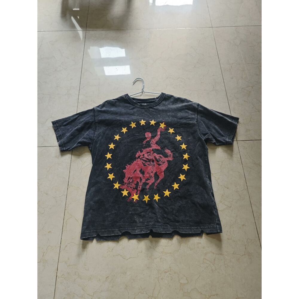 Y2k Star Rodeo Bull Red Yellow Black Tee Distressed Graphic Print T-shirt size L